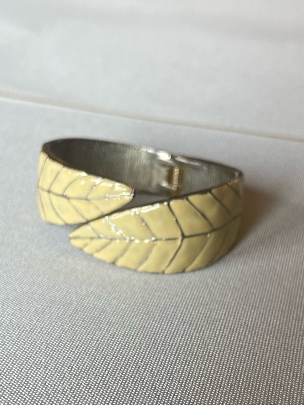 Yellow Leaf-Design Enamel Hinged Bangle Bracelet